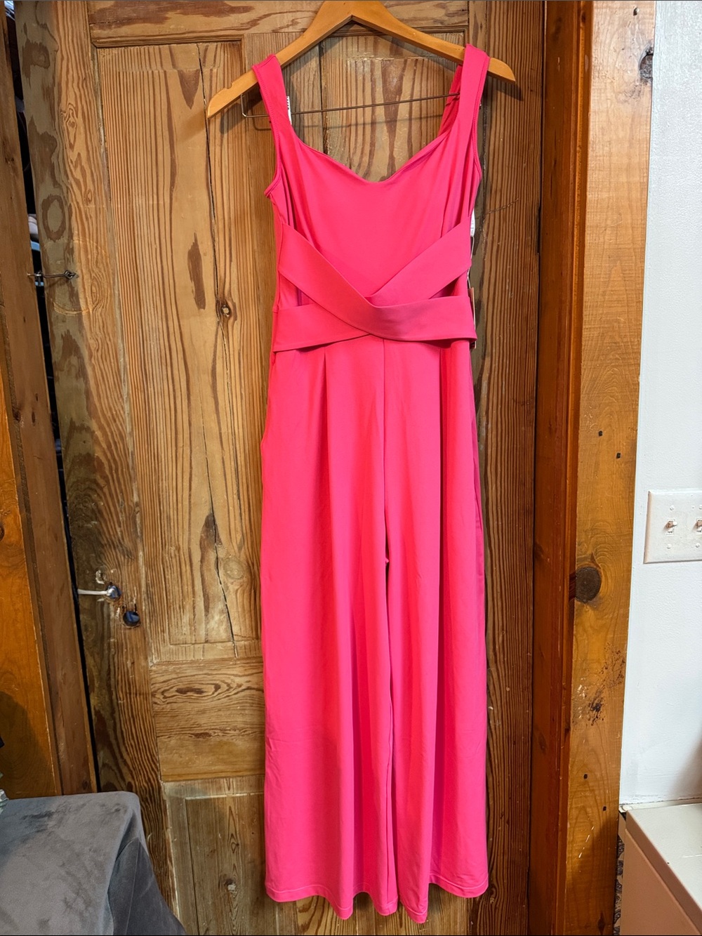 Halara Small Pink Wide-Leg Jumpsuit with Wrap Waist shelf bra NWT